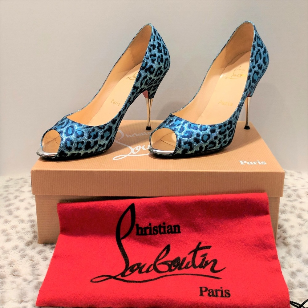 Christian Louboutin Blue Leopard Peep-Toe Stilettos with Silver Heel